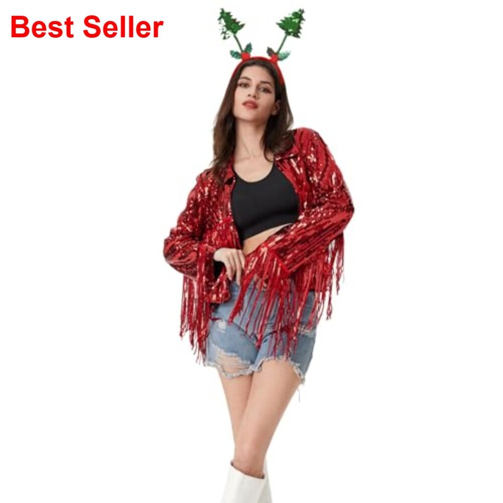 Sequin Tassel Fringe Jacket, Polyester Casual Open Front Coat - Picture 5 of 5